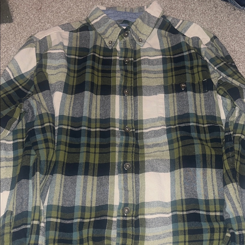 Green and Kahki Plaid Button-Up Flannel Shirt